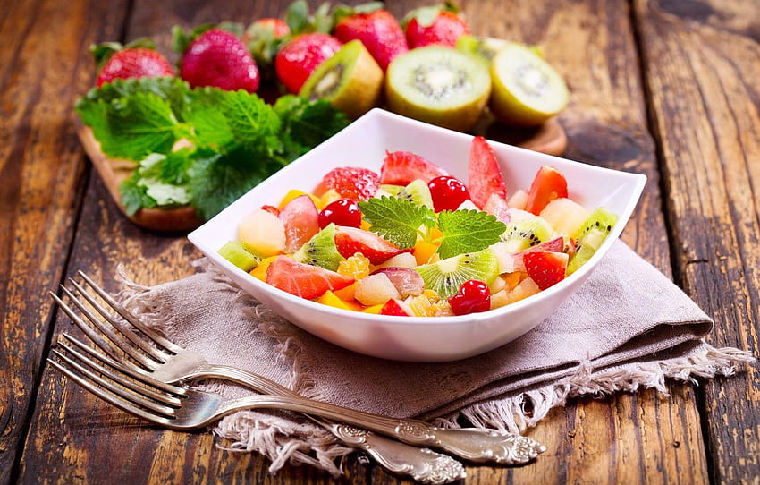 sobremesa, talheres, salada de frutas para , seção еда - papel de parede HD
