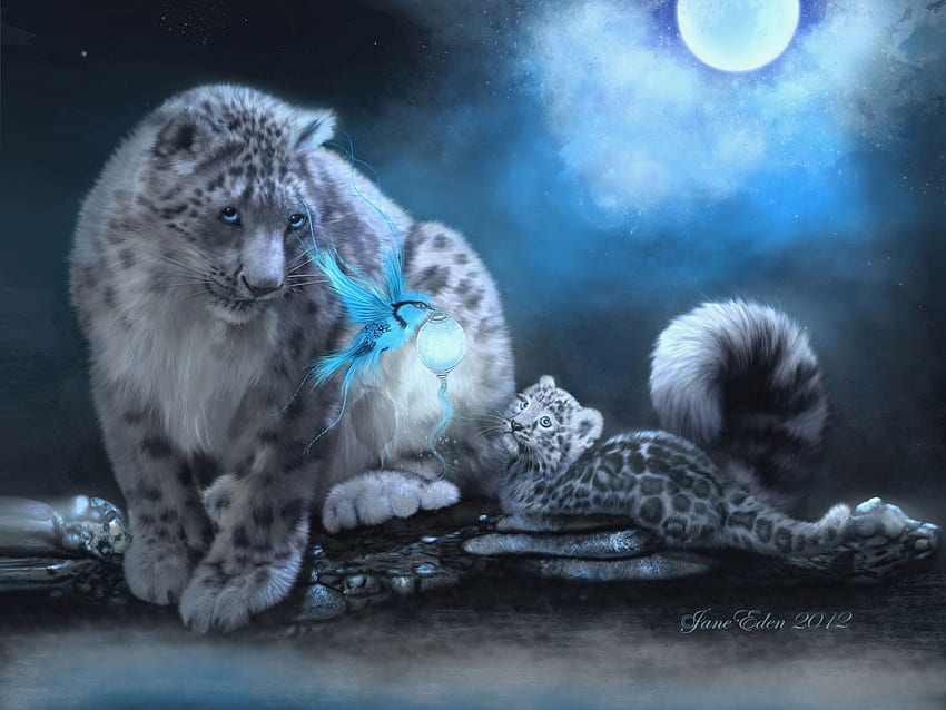 Snow leopards, luna, luminos, jane eden, blue, night, art, big cat, snow leopard, pisici, fantasy, moon HD wallpaper
