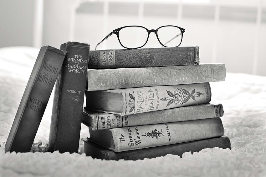 antique, black and white, books, education, encyclopedia, glasses, gray, knowledge, learning, literature, reading, retro, stack, story books, vintage, wisdom . stock Amazing HD wallpaper
