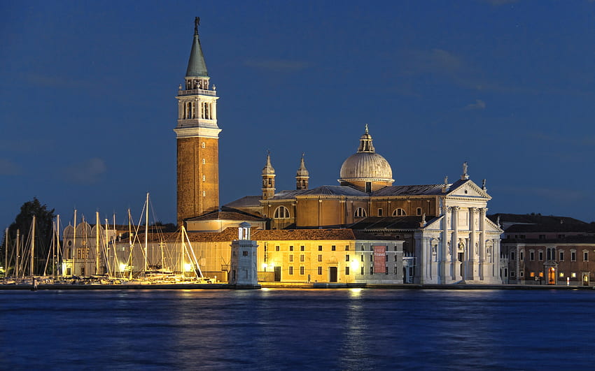 Nightfall in Venice, sea, Venice, Italy, church, nightfall, yachts HD wallpaper