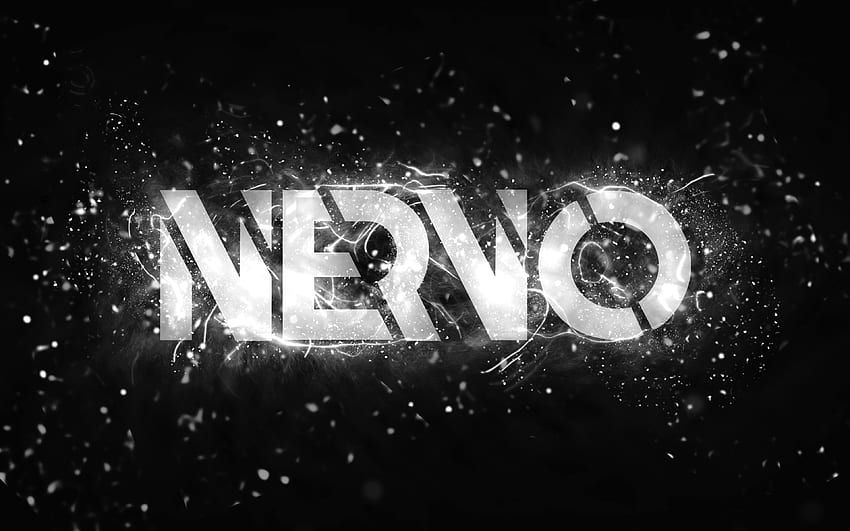 Nervo logotipo branco, DJs australianos, branco luzes de neon, Olivia Nervo, Miriam Nervo, resumo de fundo preto, Nick van de Wall, Nervo logotipo, estrelas da música, Nervo papel de parede HD