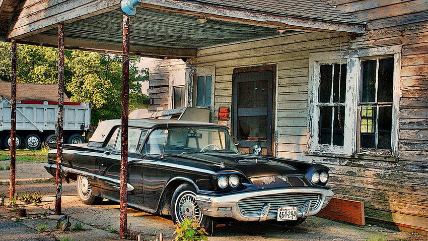 vintage ford thunderbird in old driveway r, roof, car, driveway, house, r, vintage HD wallpaper