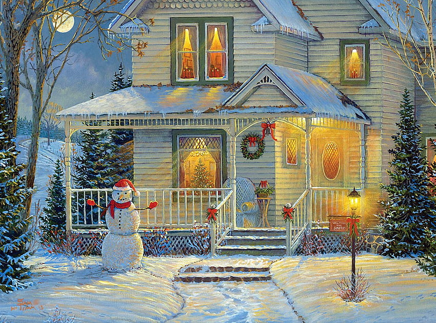 It's a Wonderful Life, winter, artwork, snowman, painting, lights, snow, christmas, trees, cottage HD wallpaper