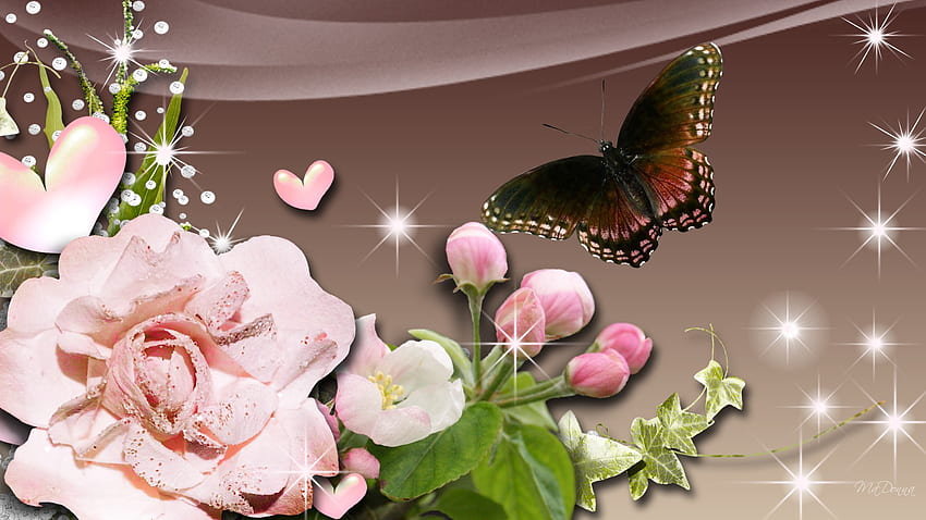 Rose of Summer, glow, firefox persona, rose, pink, ivy, brown, butterfly, hearts, flowers, diamonds HD wallpaper