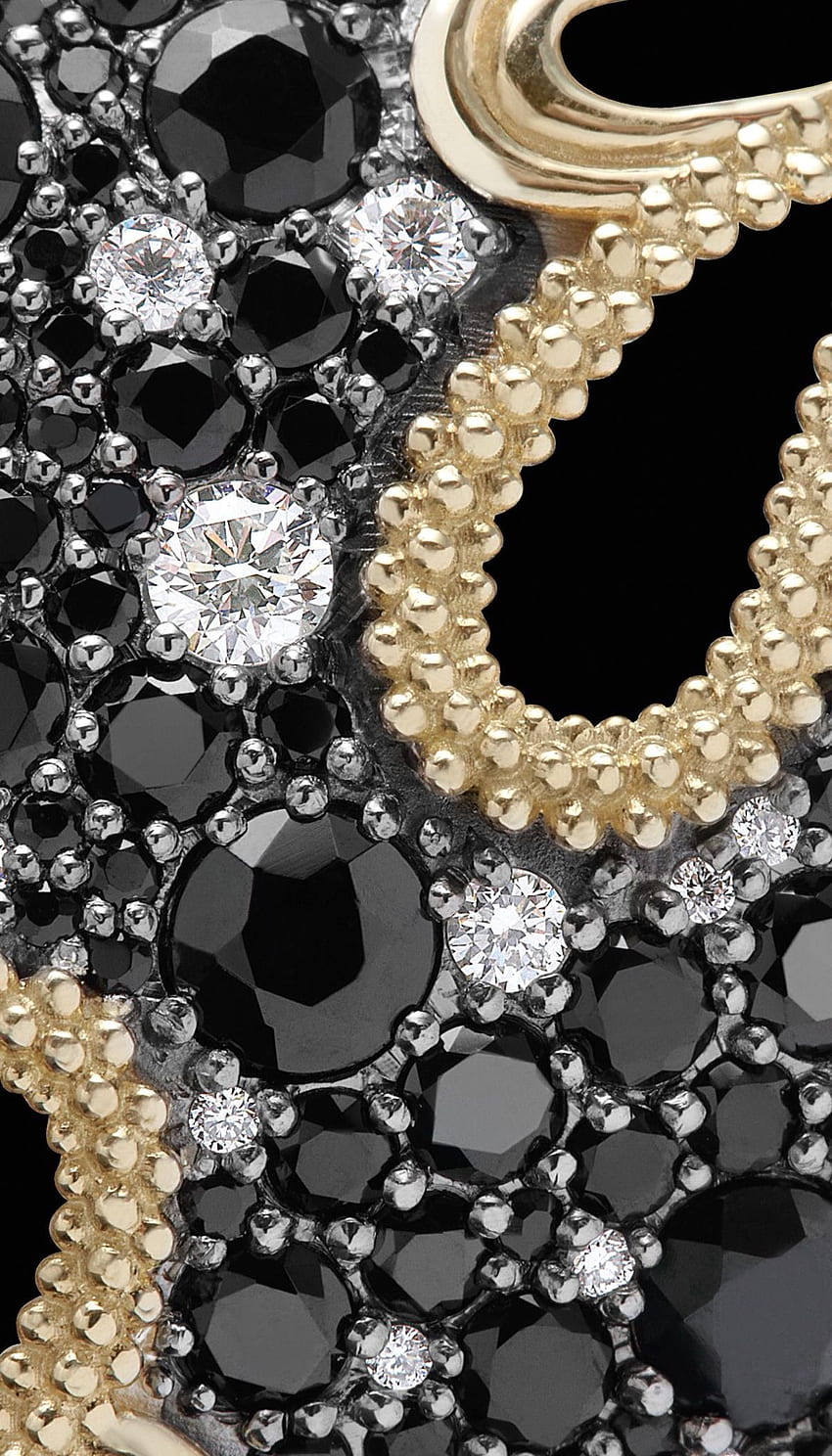 Schwarze & weiße Diamanten und Perlen. Gold und Schwarz, Schwarzgoldschmuck, Designer-Schmuckkollektion HD-Handy-Hintergrundbild