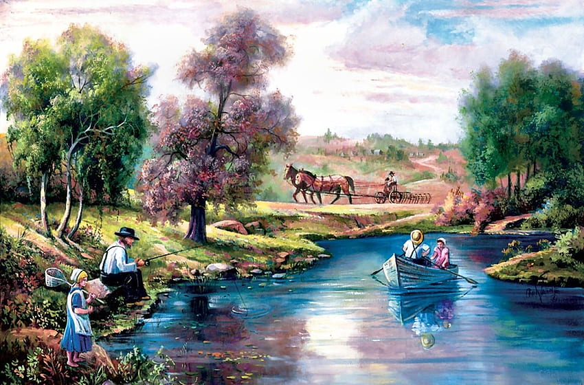 Rivers: Illustration Art Boat Country Landscape Fishing Quiet HD wallpaper