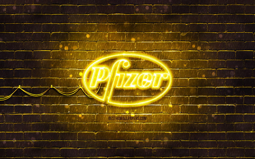 Pfizer yellow logo, , yellow brickwall, Pfizer logo, Covid-19, Coronavirus, Pfizer neon logo, Covid vaccine, Pfizer HD wallpaper