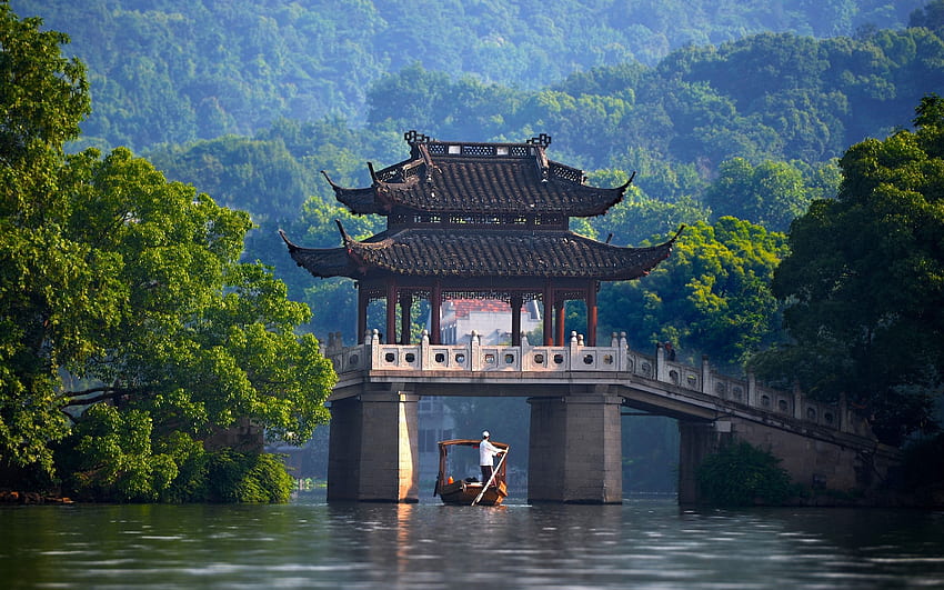 Chinese Pavilion, China, Traditional Building, Bridge, Boat for MacBook Pro 15 inch, Chinese Boat HD wallpaper