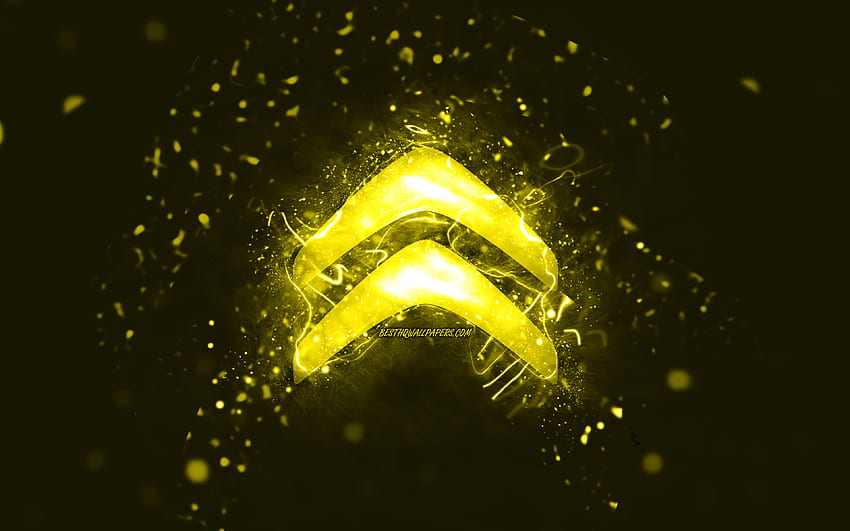 Gelbes Citroen-Logo, gelbe Neonlichter, kreativer, gelber abstrakter Hintergrund, Citroen-Logo, Automarken, Citroen HD-Hintergrundbild