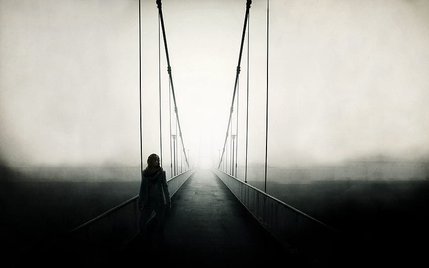 Тъмно, мъгла, мост, разходка, човек, човек, самота, дом HD тапет
