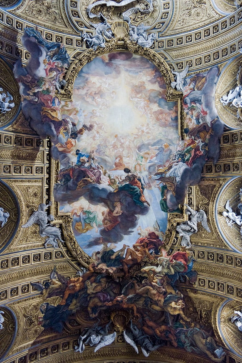 เพดานแบบบารอคโคของโบสถ์เกซู (Chiesa del Sacro Nome di Gesù, โรม, อิตาลี) สุนทรียศิลป์, ชาแนล, ศิลปะ, จิตรกรรมอิตาลี วอลล์เปเปอร์โทรศัพท์ HD