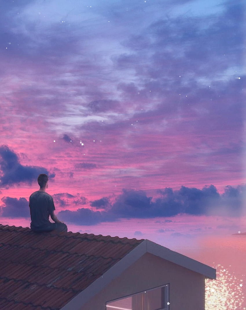 Zachody słońca na dachu w Lo Fi. Sky Aesthetic, Sky Anime, artysta cyfrowy, Sunset Lofi Tapeta na telefon HD