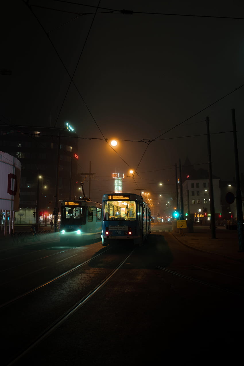 Night, City, Dark, Rails, Tram HD phone wallpaper