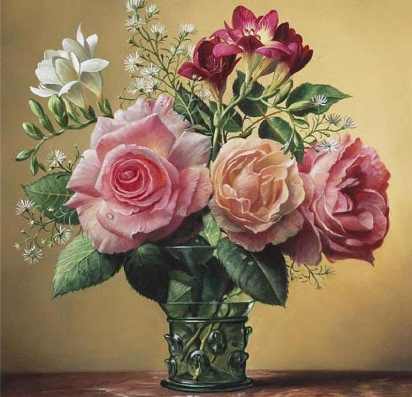 Beauté classique, table, classique, bouquet, roses, peinture, amour, vase, romance Fond d'écran HD