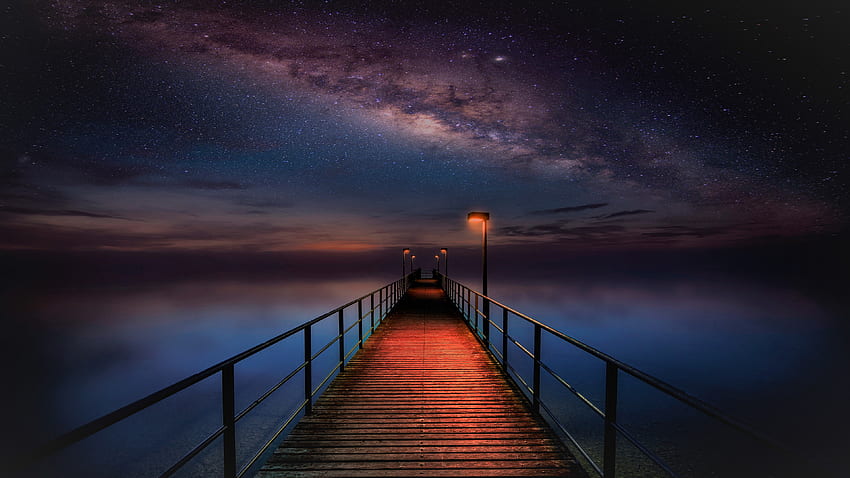 Ocean Pier under Milky Way Sky Ultra . Background ., Milky Way Ocean HD wallpaper