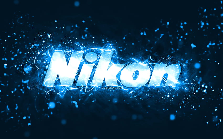 Nikon blue logo, , blue neon lights, creative, blue abstract background, Nikon logo, brands, Nikon HD wallpaper