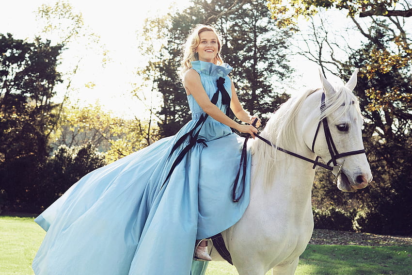 Reese Witherspoon on a Horse, horse, dress, blonde, actress HD wallpaper