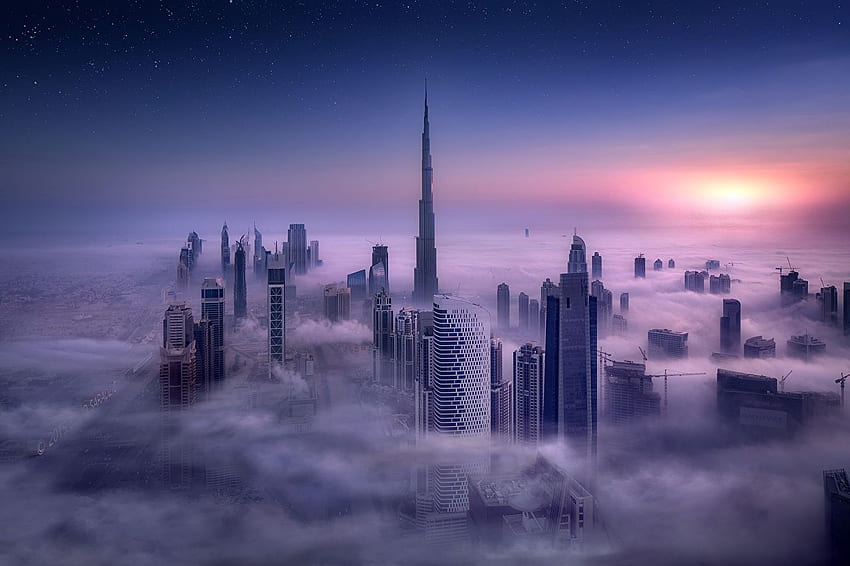 Dubai Emirates UEA Kabut Matahari terbit dan terbenam Kota, Kota Kabut Wallpaper HD