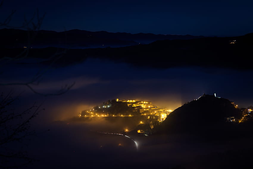 Mountains, Night, Italy, City, Lights, View From Above, Dark, Fog HD wallpaper