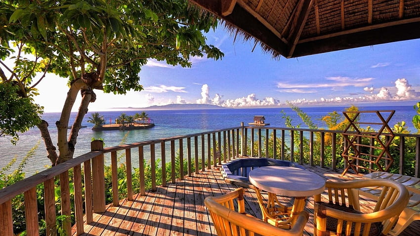fabulous ocean view from balcony r, sea, island, horizon, trees, view, r, balcony HD wallpaper