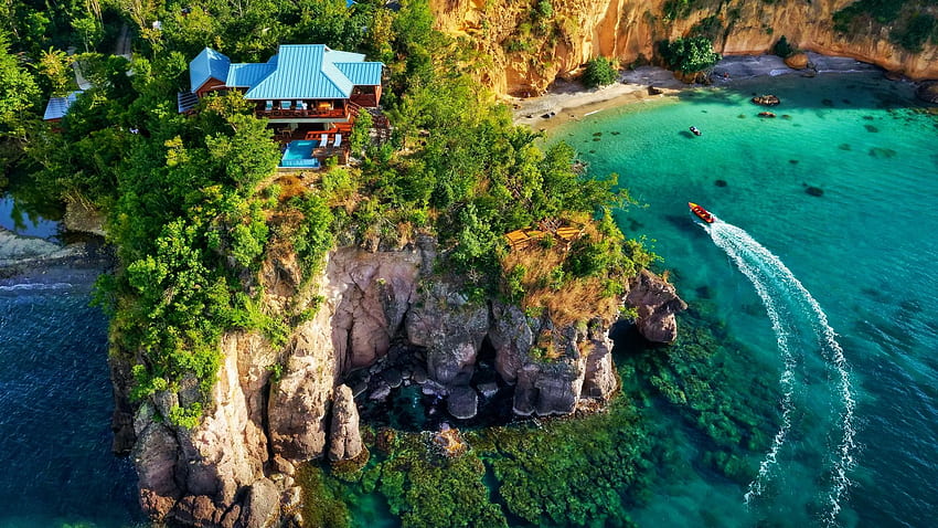 Secret Bay, Dominica, Caribbean, island, boat, sea, Rocks, tropical, house, trees HD wallpaper