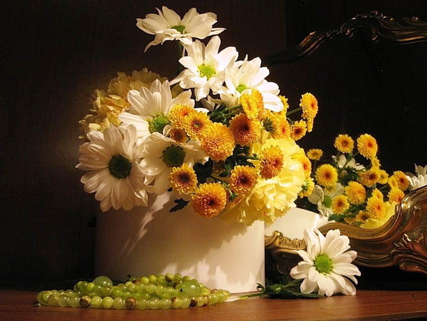 Autumn flowers, white, beads, vase, still life, yellow, autumn, nature, flowers, chrysanthemums HD wallpaper