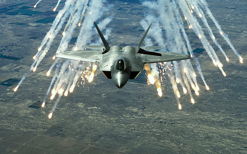 F-22 Raptor, militar, f-22, 1080i, raptor, bengalas, avión, avión, nubes, cielo fondo de pantalla