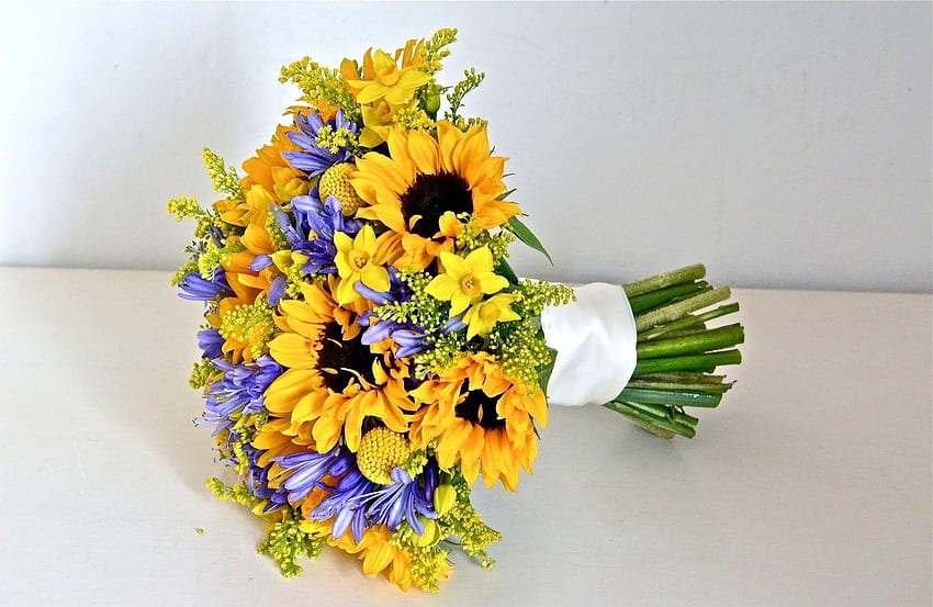 Flowers, Sunflowers, Bouquet, Composition, Agapanthus HD wallpaper