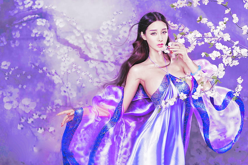 Purple Blossom, blue, asian, art, girl, beautiful, woman, purple, digital, fantasy, pretty, fine, blossom HD wallpaper