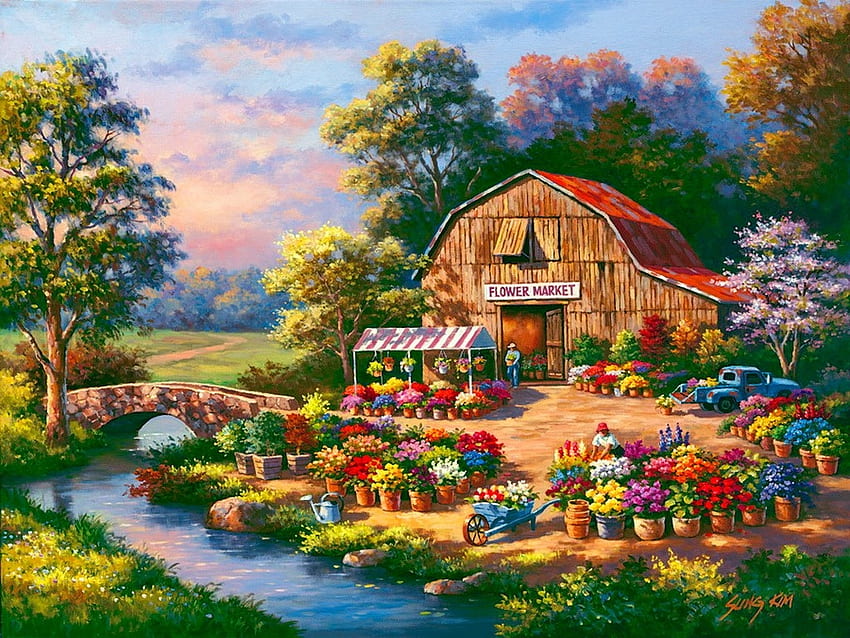 ladang bunga, peternakan, bunga, negara, rumah Wallpaper HD