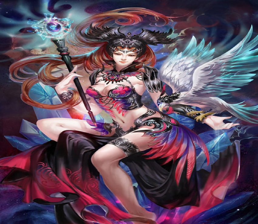 Dark Sorceress, sorceress, black, staff, hawk, red HD wallpaper