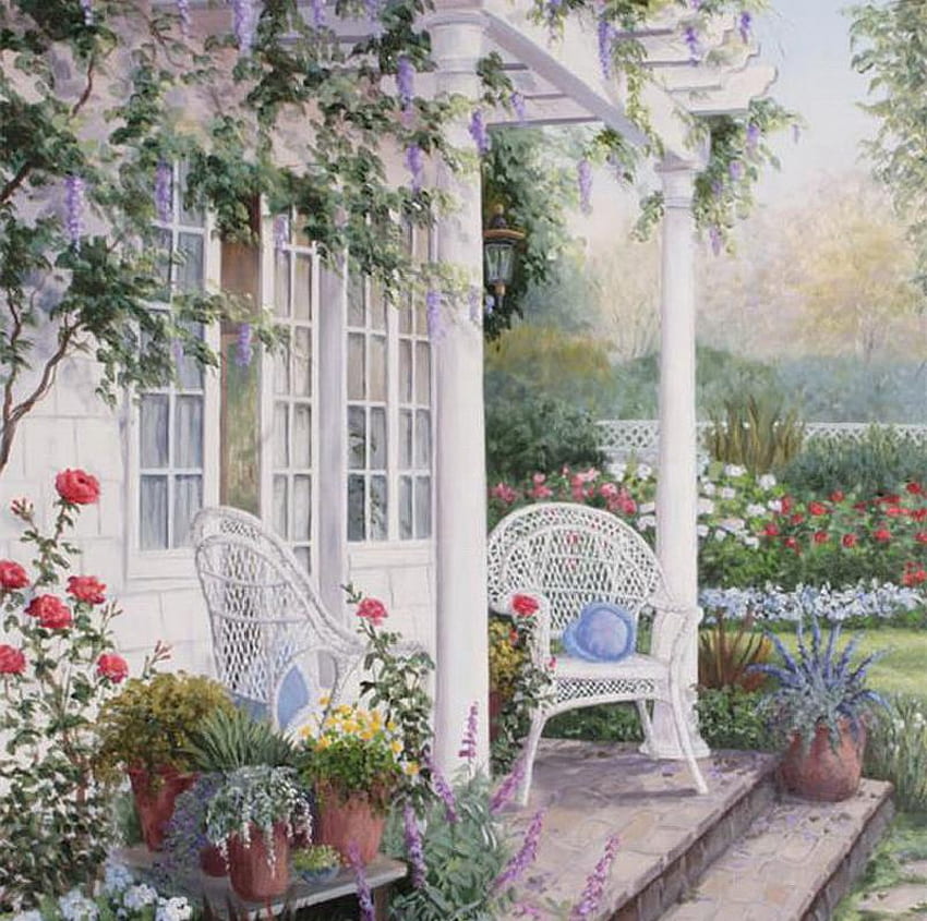 Vista do quintal, cadeiras de vime, plantas, janelas, rosas, colunas, casa, jardim, gramado, glicínias, pintura, árvores, flores, vasos papel de parede HD