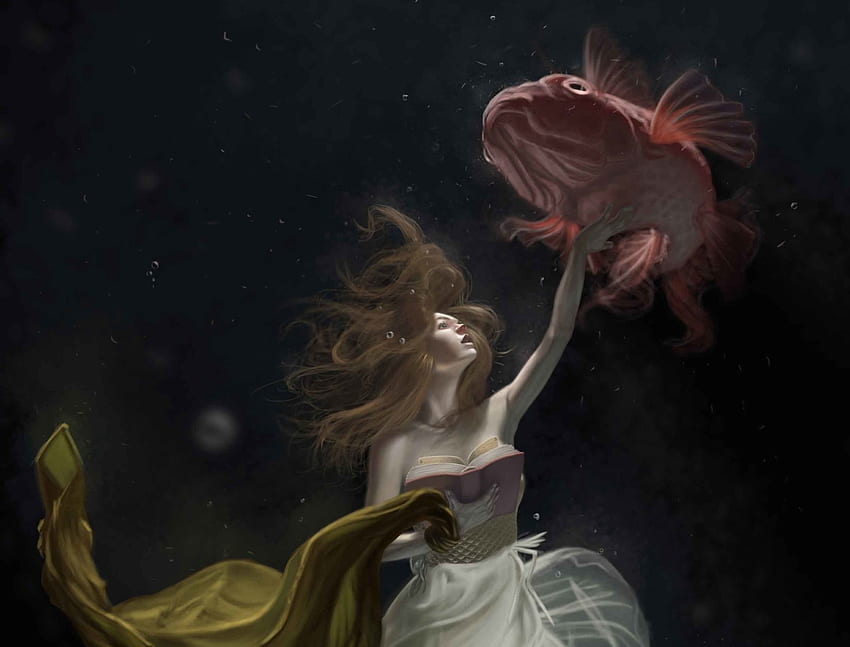 Underwater stories, book, fantasy, art, underwater, girl, fish, luminos, ameur makhloufi HD wallpaper