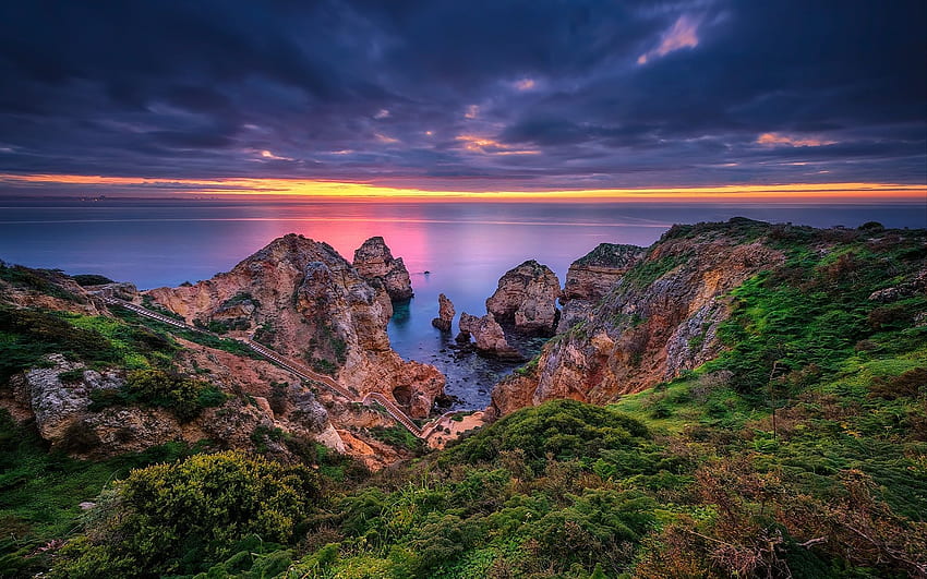 Lagos, Portugal, Algarve, laut, pantai, bebatuan Wallpaper HD