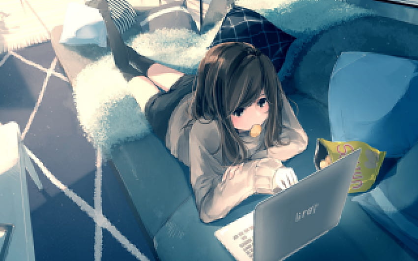 Anime Girl, Laptop, Lying Down, Original,, Cool Anime Girl HD wallpaper