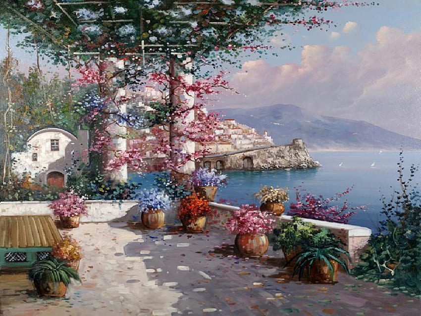 Positano, bench, pillars, houses, flower pots, vines, flowers, mountains, water, trellis, village HD wallpaper