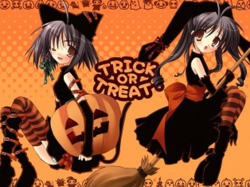 Trick or Treat, halloween, anime, broom, pumpkin, anime girls HD wallpaper