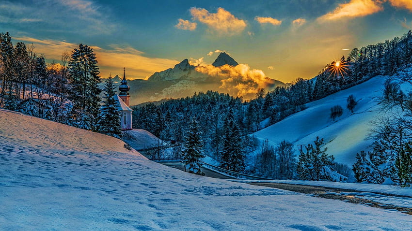 Église Maria Gern, Alpes bavaroises, hiver, neige, Allemagne, arbres, paysage, route, montagnes, Alpes Fond d'écran HD