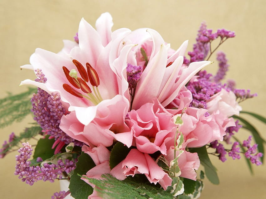 Karangan Bunga Lili, karangan bunga, daun ivy, bunga ungu muda, lili, pakis Wallpaper HD