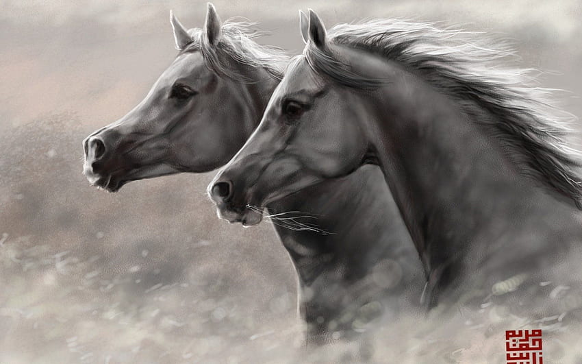 couple, Art, Horses, Running, Head, Horses, Beauty, Animal, Horse Painting HD wallpaper