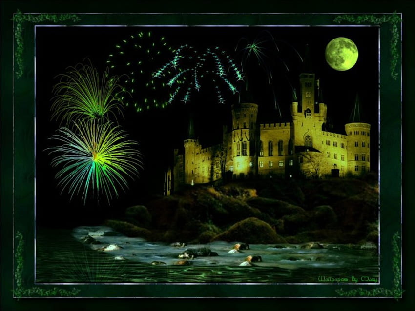 Castillo de año nuevo, mar, fuegos artificiales, vacaciones, navidad, año nuevo, castillos, nochevieja fondo de pantalla