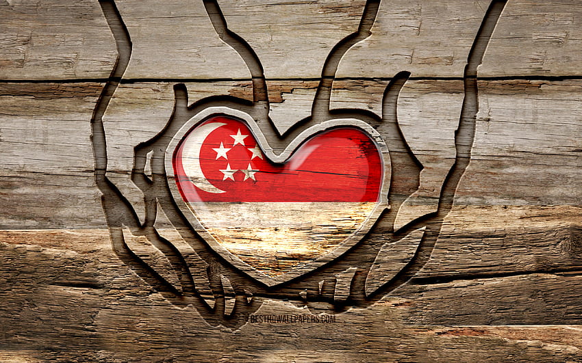Kocham Singapur, , drewniane rzeźbione ręce, Dzień Singapuru, Flaga Singapuru, Flaga Singapuru, Uważaj na Singapur, kreatywny, Flaga Singapuru, Flaga Singapuru w ręku, rzeźbienie w drewnie, Kraje azjatyckie, Singapur Tapeta HD