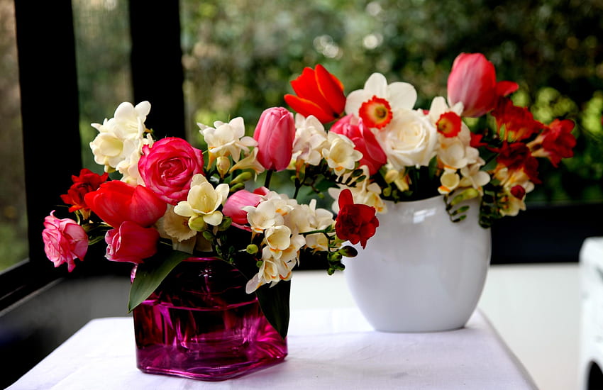 Flowers, Roses, Tulips, Narcissussi, Bouquets, Vases, sia HD wallpaper