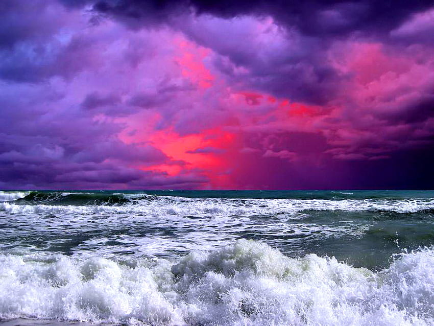 Harmonie, bleu, rose, vagues, nuages, ciel, océan Fond d'écran HD