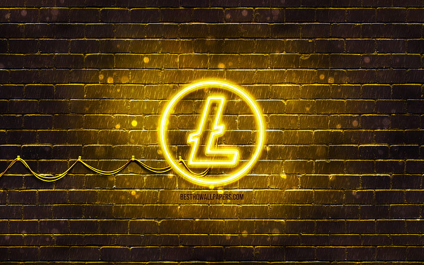 Litecoin żółte logo, żółty mur z cegły, logo Litecoin, kryptowaluta, neonowe logo Litecoin, Litecoin Tapeta HD