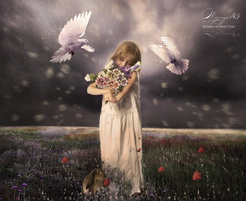 **Flowers for Pope**, birds, emotional, grasses, plants, colors, manipulation, doves, butterflies, animals, emo, trees, adorable, calm, female, dom, sweet, eyes, flying, florals, leaves, fantasy, breeze, pretty, freshness, fields, face, peace, models, hair, lovely, colorful, silent, cute, digital art, fragrance, beauty, butterfly, lips, flutter, rabbit, wings, beautiful, insects, landscapes, love, cool, clouds, girls, sky, flowers, splendor HD wallpaper