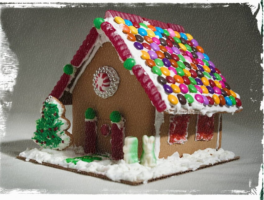 キャンディー キャビン、食べ物、クリスマスのお菓子、ジンジャーブレッド ハウス、キャンディー 高画質の壁紙
