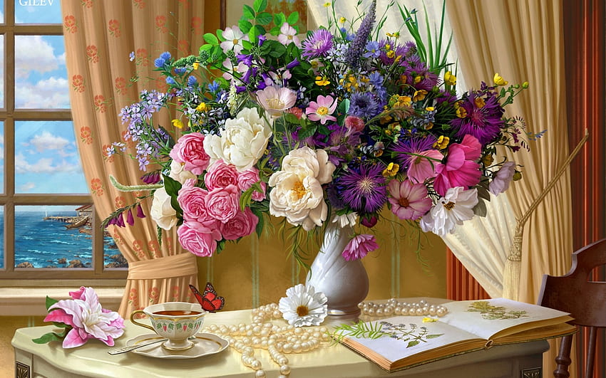 :-), art, cup, rose, pink, book, painting, flower, coffee, luminos, bouwuet HD wallpaper