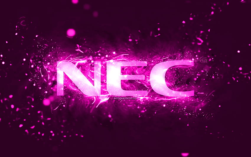 NEC purple logo, , purple neon lights, creative, purple abstract background, NEC logo, brands, NEC HD wallpaper
