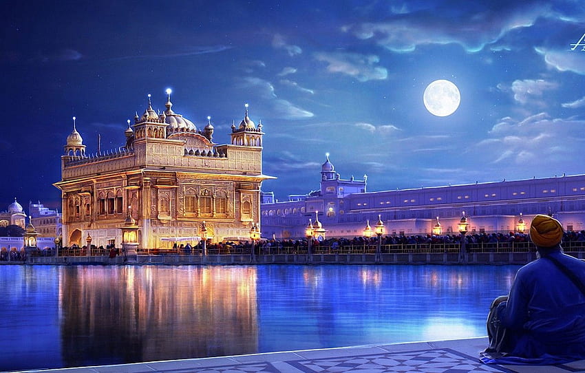 notte, la città, luci, fiume, persone, la luna, persone, arte, India, Punjab, The Golden temple for , sezione живопись -, Golden Temple at Night Sfondo HD